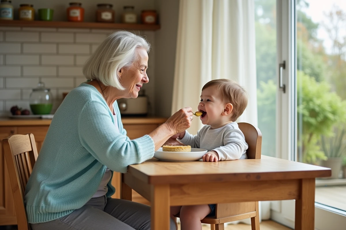 Grand-mère donnant la becquée à son petit-enfant dans une cuisine familiale chaleureuse et rustique