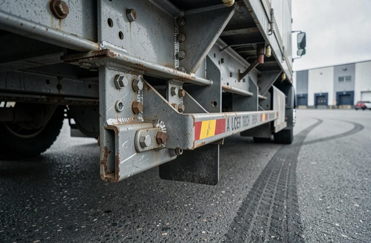 Gros plan sur une barre anti-écrasement en acier fixée sous le châssis arrière d'un camion de transport