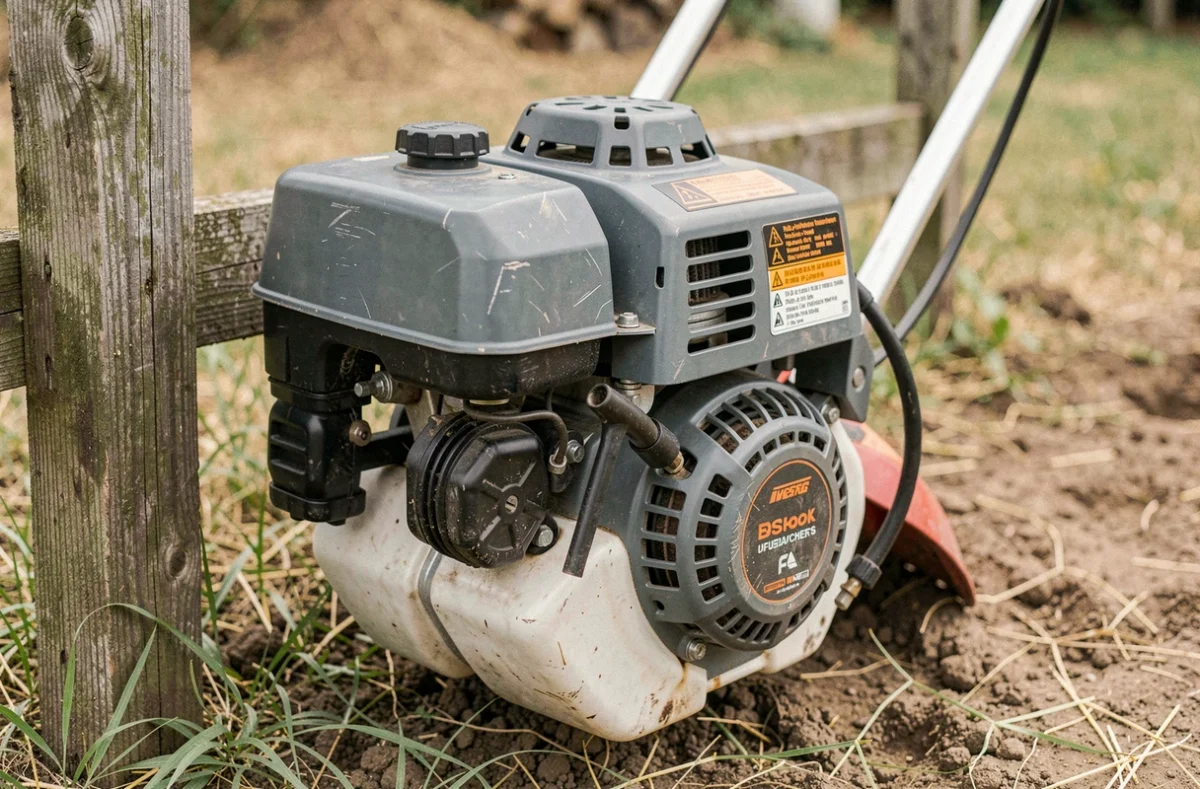 Gros plan sur le moteur thermique d'une débroussailleuse posée contre une clôture en bois dans un jardin rural