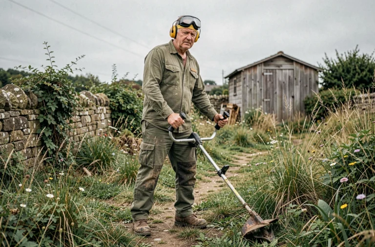 Homme utilisant une débroussailleuse thermique professionnelle dans un jardin avec végétation dense et herbes hautes