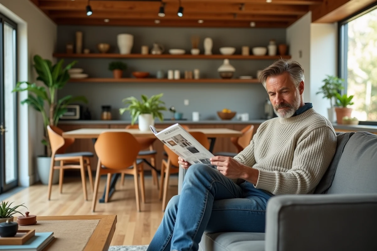 Homme en pull lisant un magazine dans un salon lumineux