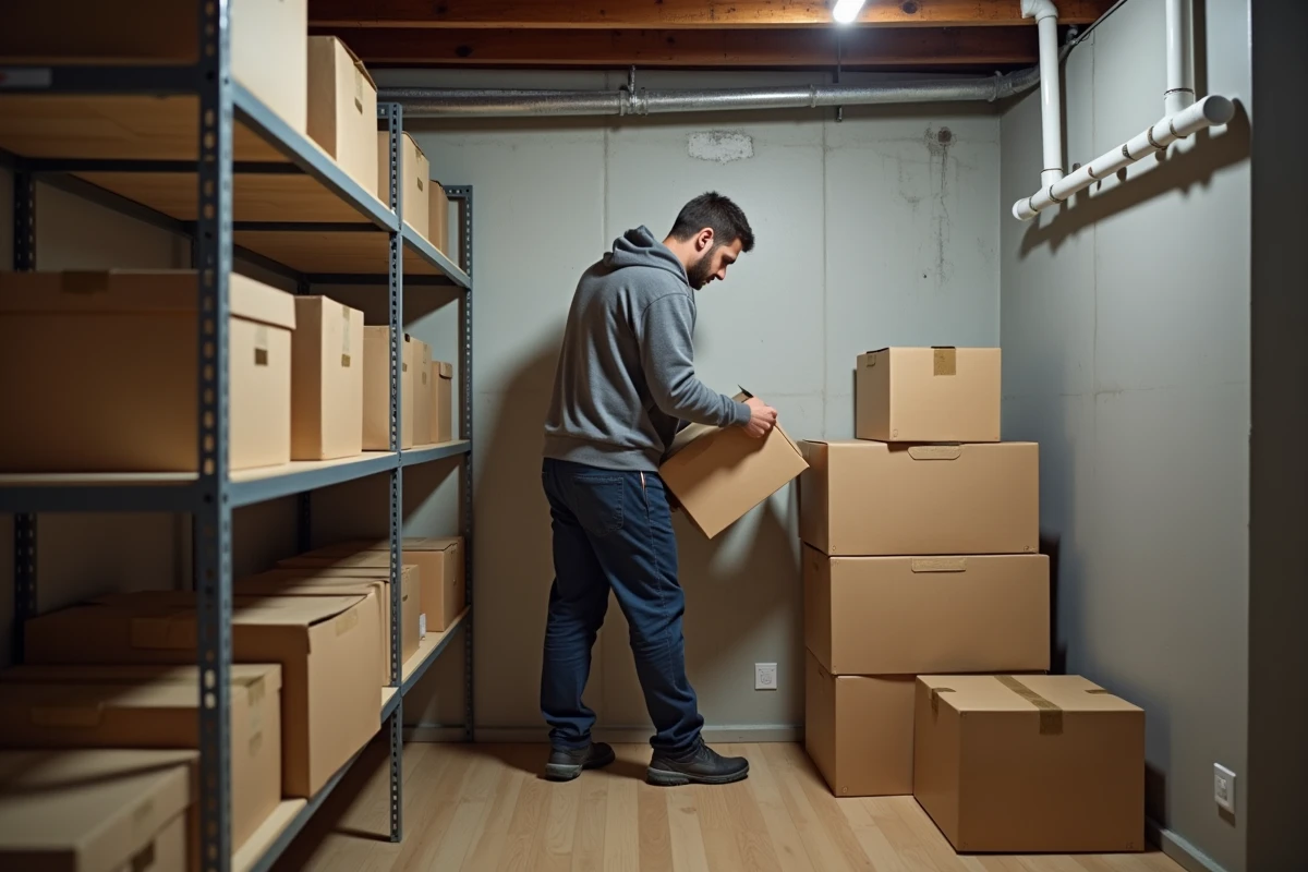 Jeune homme organisant des boîtes de rangement dans un sous-sol moderne