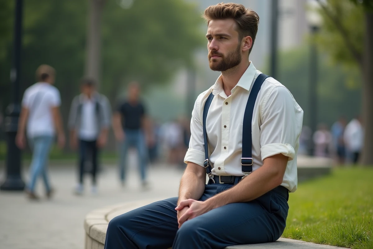 Homme en pantalon large avec bretelles dans un parc urbain