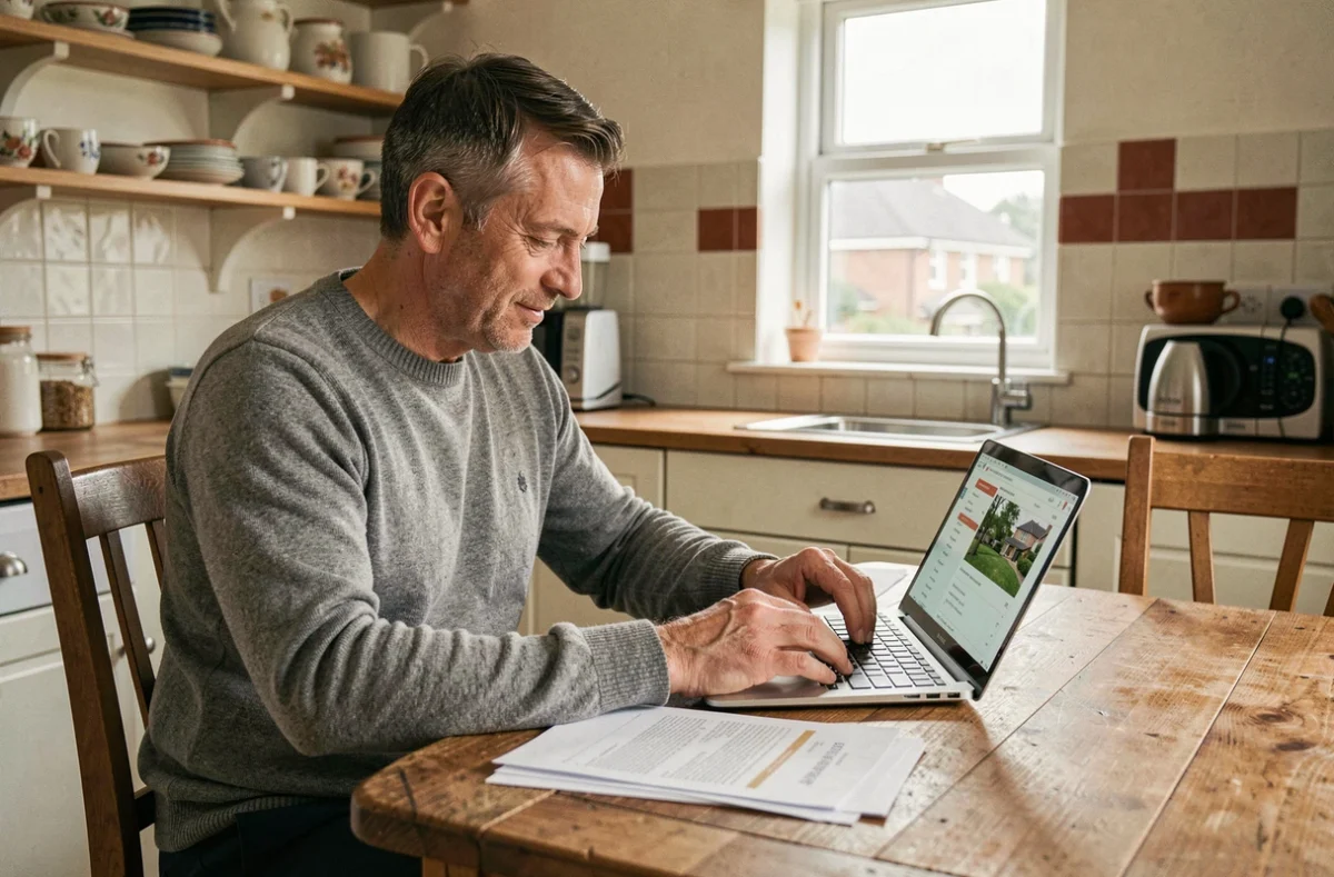 Homme consultant des annonces de locations immobilières sur ordinateur et documents imprimés dans une cuisine