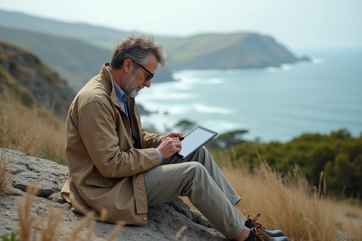 Homme travaillant sur une tablette face à la mer en nature