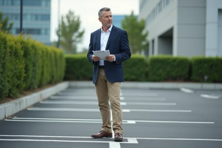 Homme d'âge moyen inspectant des lignes de parking neuves