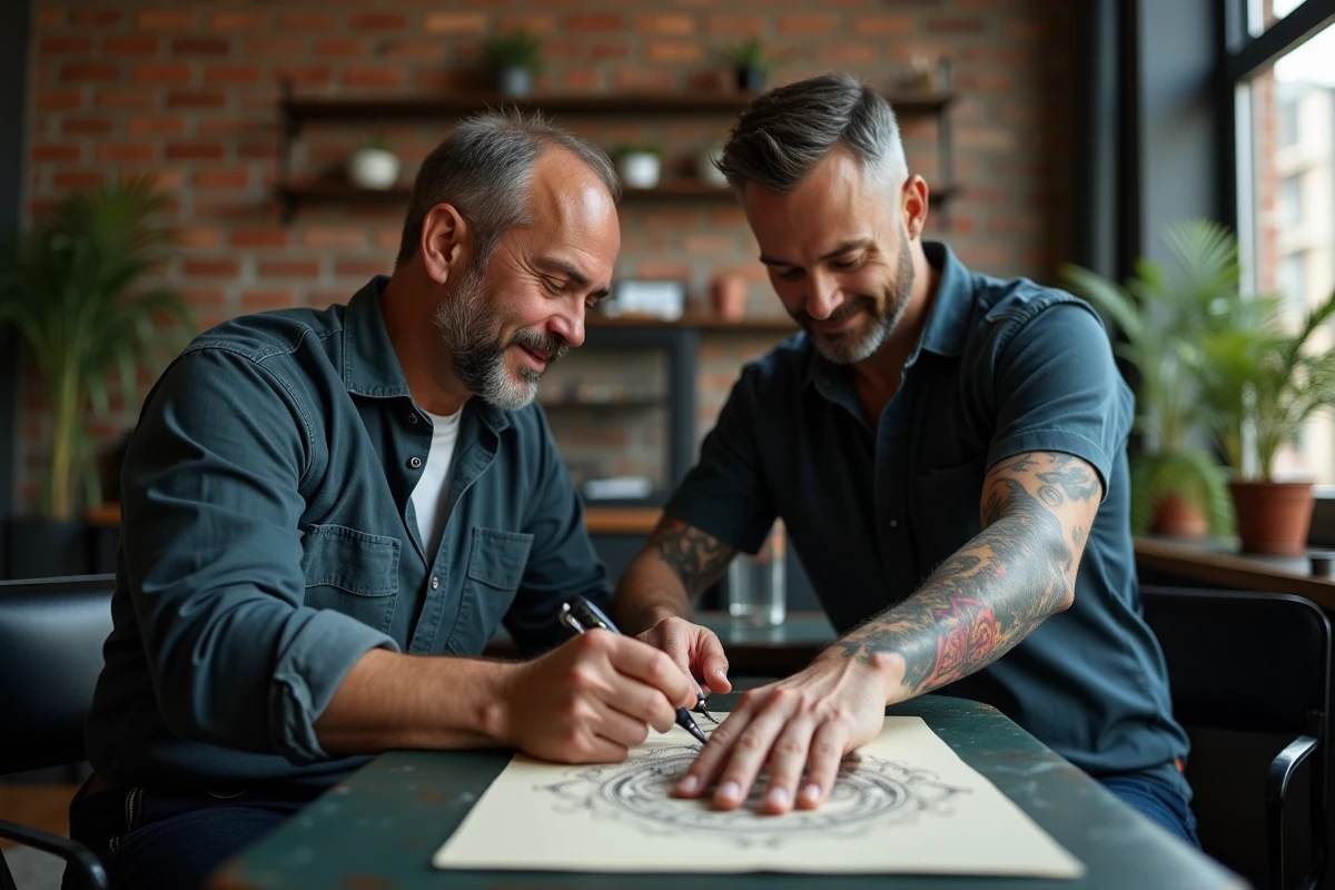 Homme regarde son bras tatoué dans studio urbain