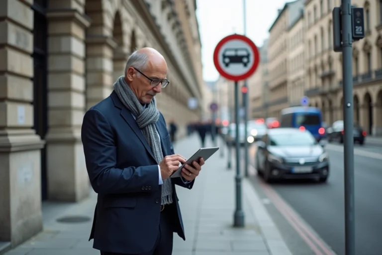 Homme d'affaires regardant sa tablette en ville