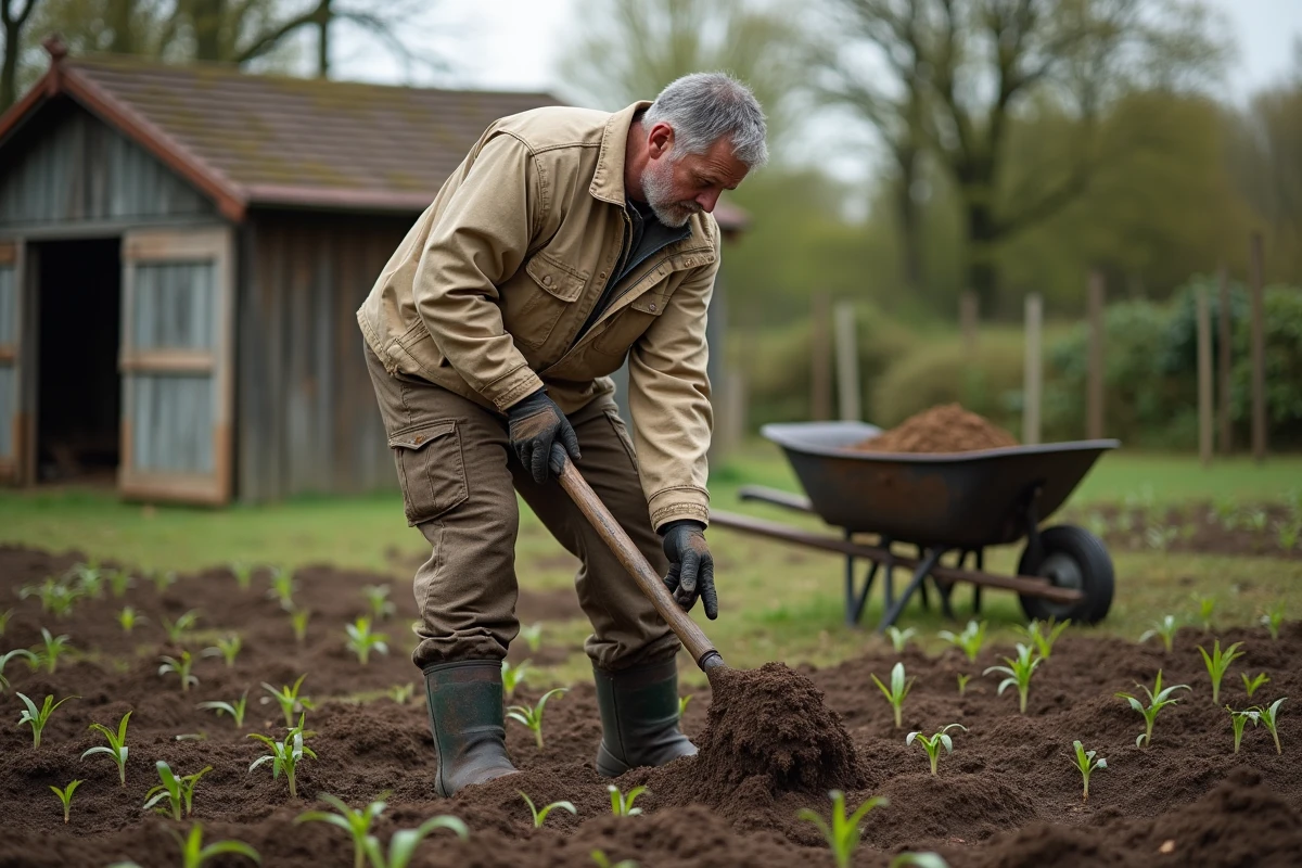 Jardinier incorporant du fumier de cheval au sol d'un potager avec une fourche de jardin