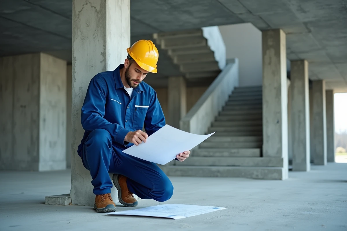 Ingénieur en bleu et casque jaune près d'un escalier en béton