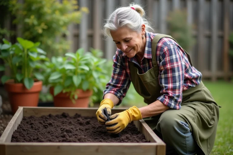 Jardinière appliquant du fumier de cheval comme engrais naturel dans un potager surélevé