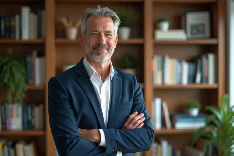 Jean-Louis Garret, expert en développement personnel, devant une bibliothèque de bureau moderne remplie de livres de croissance personnelle