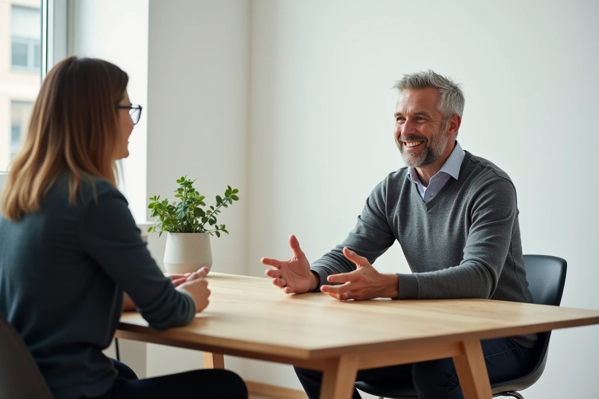 Jean-Louis Garret en session de coaching individuel dans un studio moderne, échangeant avec un client adulte