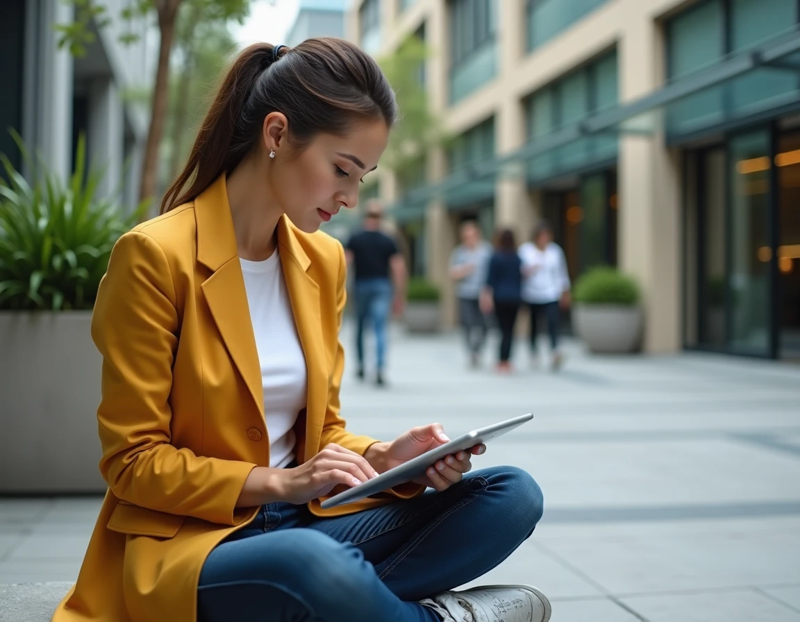 Jeune femme consultant un audit SEO sur tablette en extérieur dans un quartier d'affaires urbain contemporain