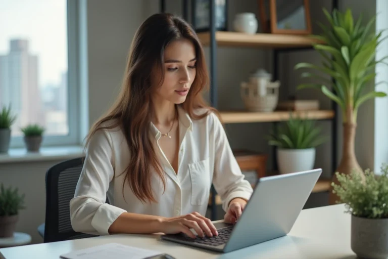 Jeune femme en bureau moderne utilisant une tablette