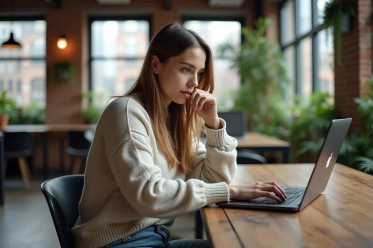 Jeune femme concentrée sur son ordinateur dans un espace coworking