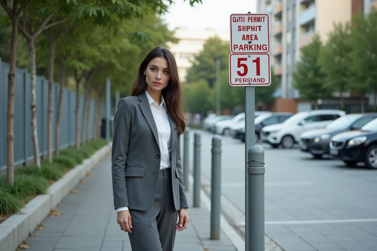 Jeune femme examinant un panneau de parking en ville