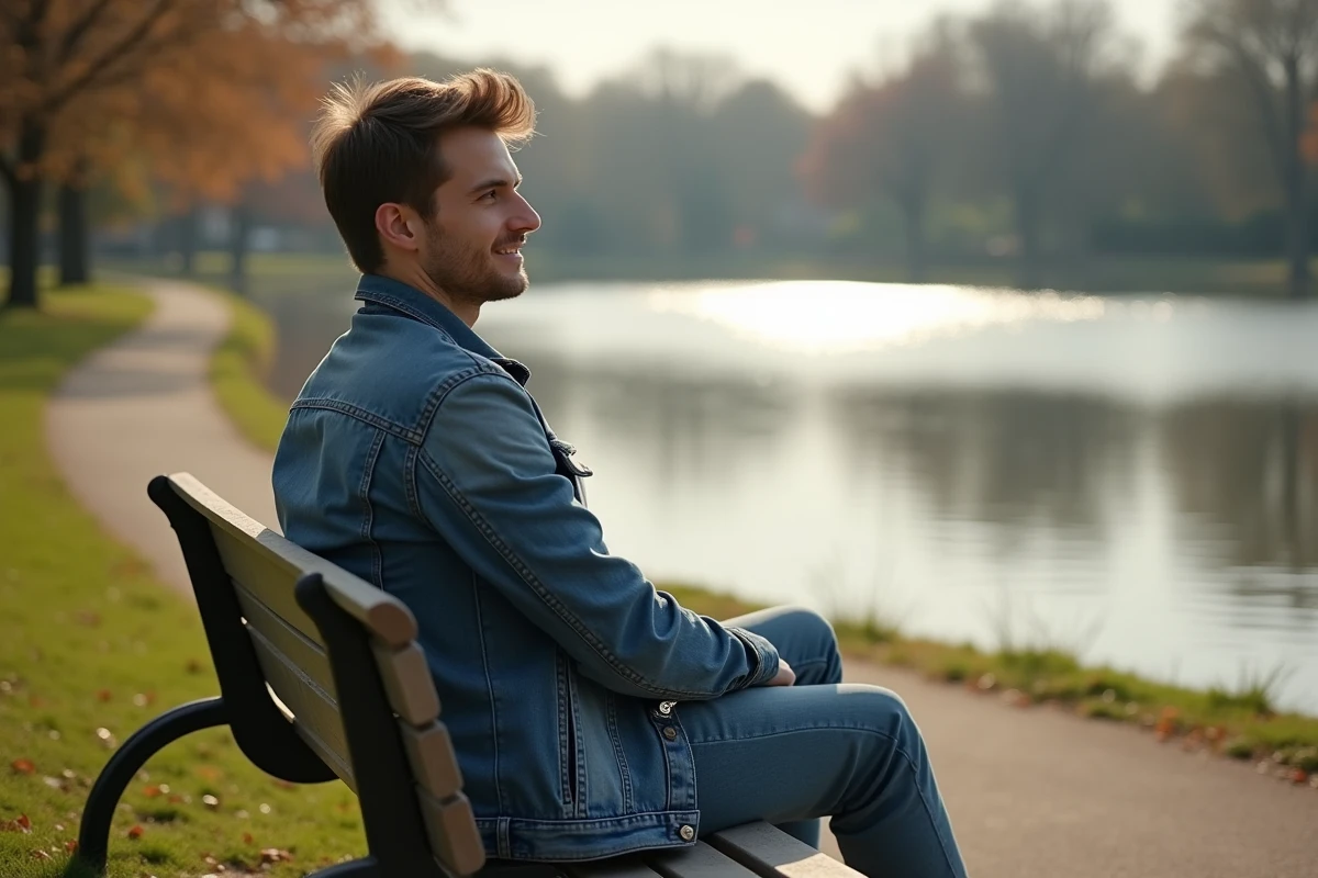 Jeune homme assis sur un banc dans un parc au bord de l