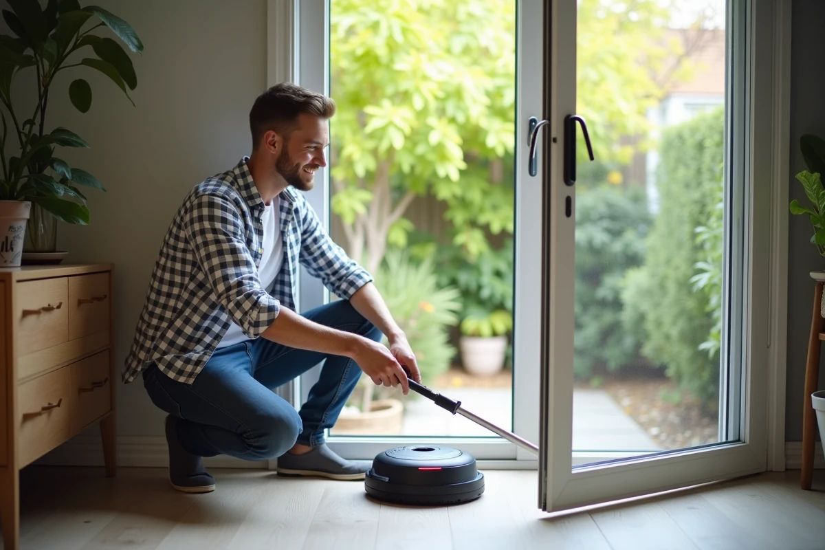 Jeune homme installant un robot nettoyeur de fenêtres dans une maison