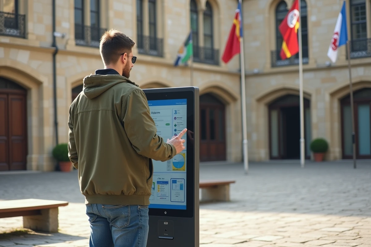 Jeune homme utilisant kiosque numérique devant mairie en Normandie
