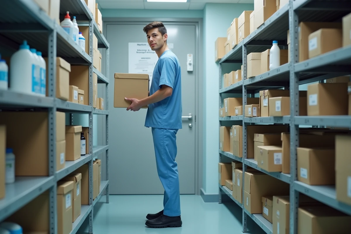 Jeune homme organisant des fournitures dans un stock de soin