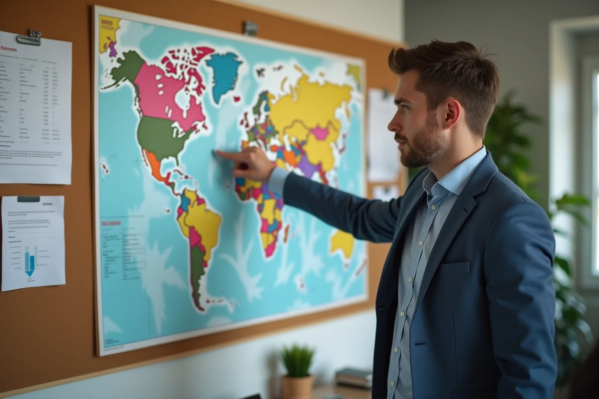 Jeune psychologue homme pointant une carte du monde