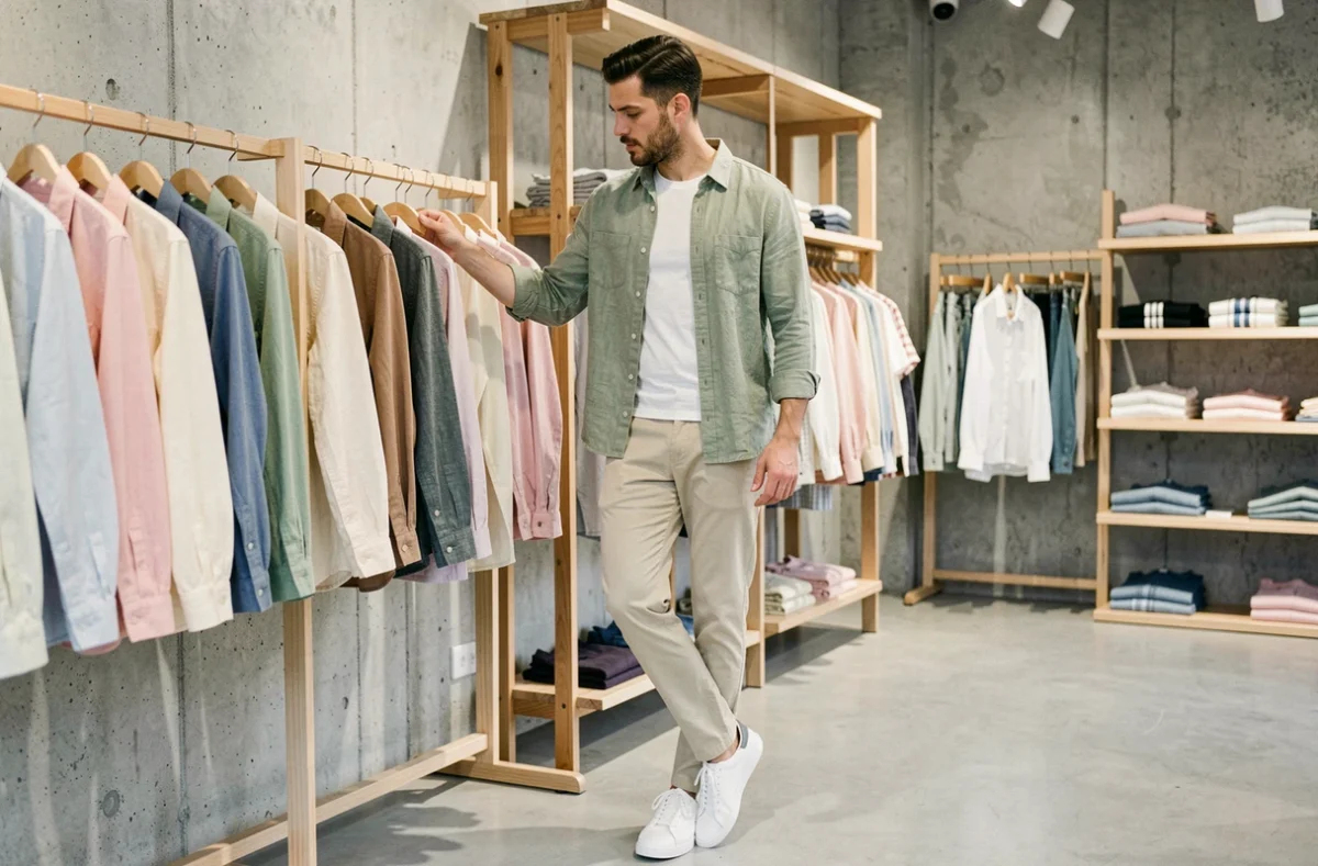 Homme en tenue décontractée chic printemps-été dans une boutique de mode minimaliste