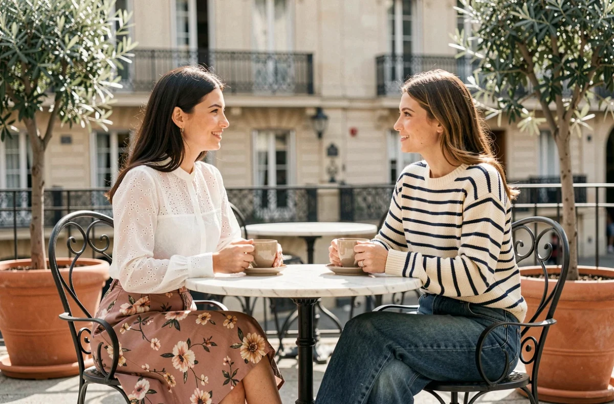 Deux femmes en tenues tendance été attablées à une terrasse de café européenne