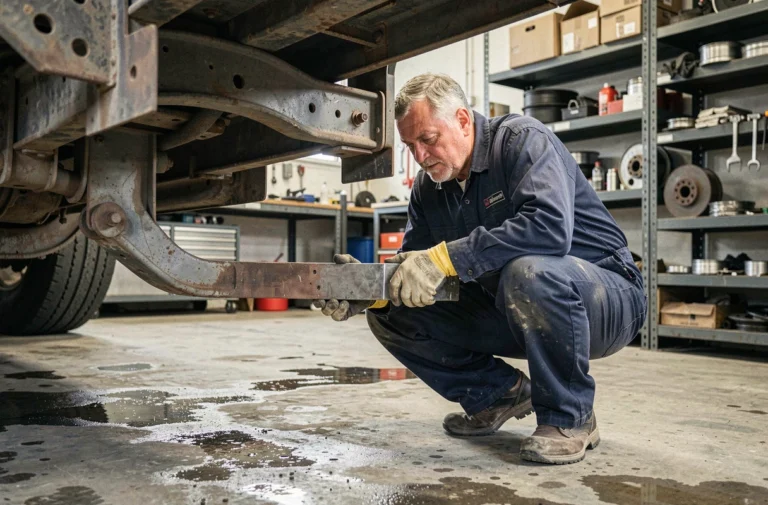 Mécanicien inspectant une barre anti-écrasement sous un camion semi-remorque dans un garage industriel