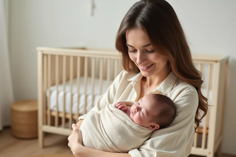 Jeune mère tenant tendrement son nouveau-né emmailloté dans une chambre de bébé chaleureuse et bien décorée