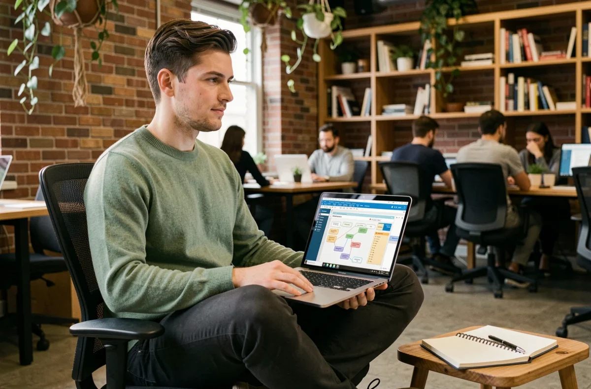 Jeune professionnel utilisant MindManager sur ordinateur portable dans un espace de co-working pour optimiser sa productivité