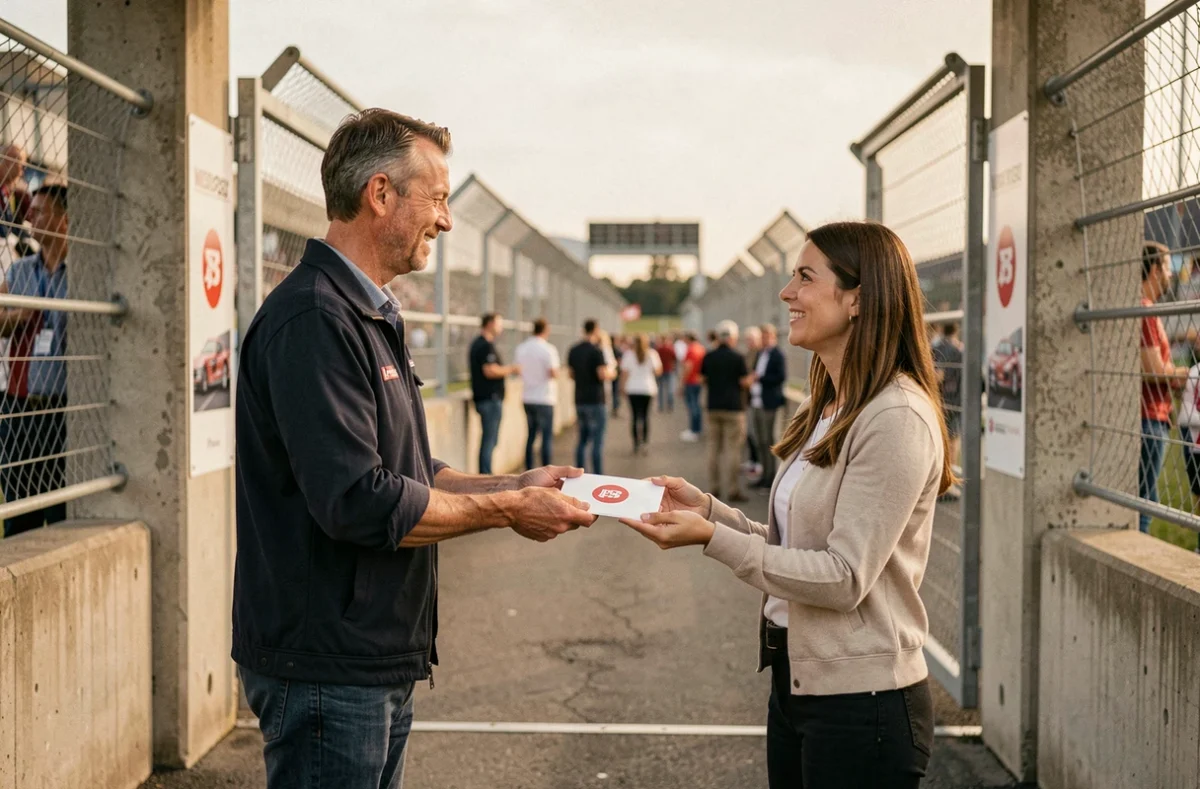 Couple échangeant un chèque cadeau pour stage de pilotage devant l'entrée d'un circuit automobile