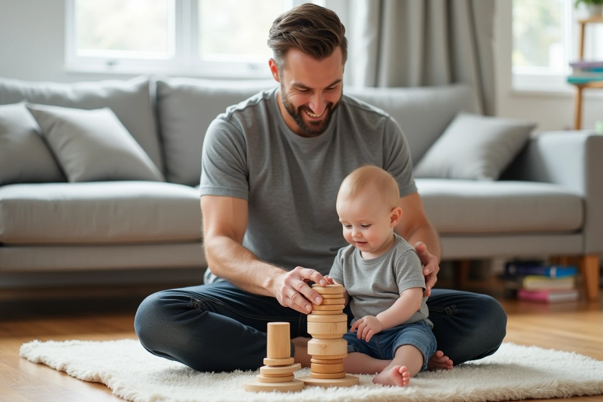 Père jouant avec son bébé de huit mois sur un tapis d'éveil dans un salon moderne et familial