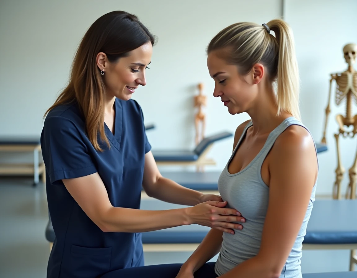 Physiothérapeute examinant les côtes inférieures d'une patiente en cabinet de rééducation pour diagnostiquer un syndrome de la côte flottante