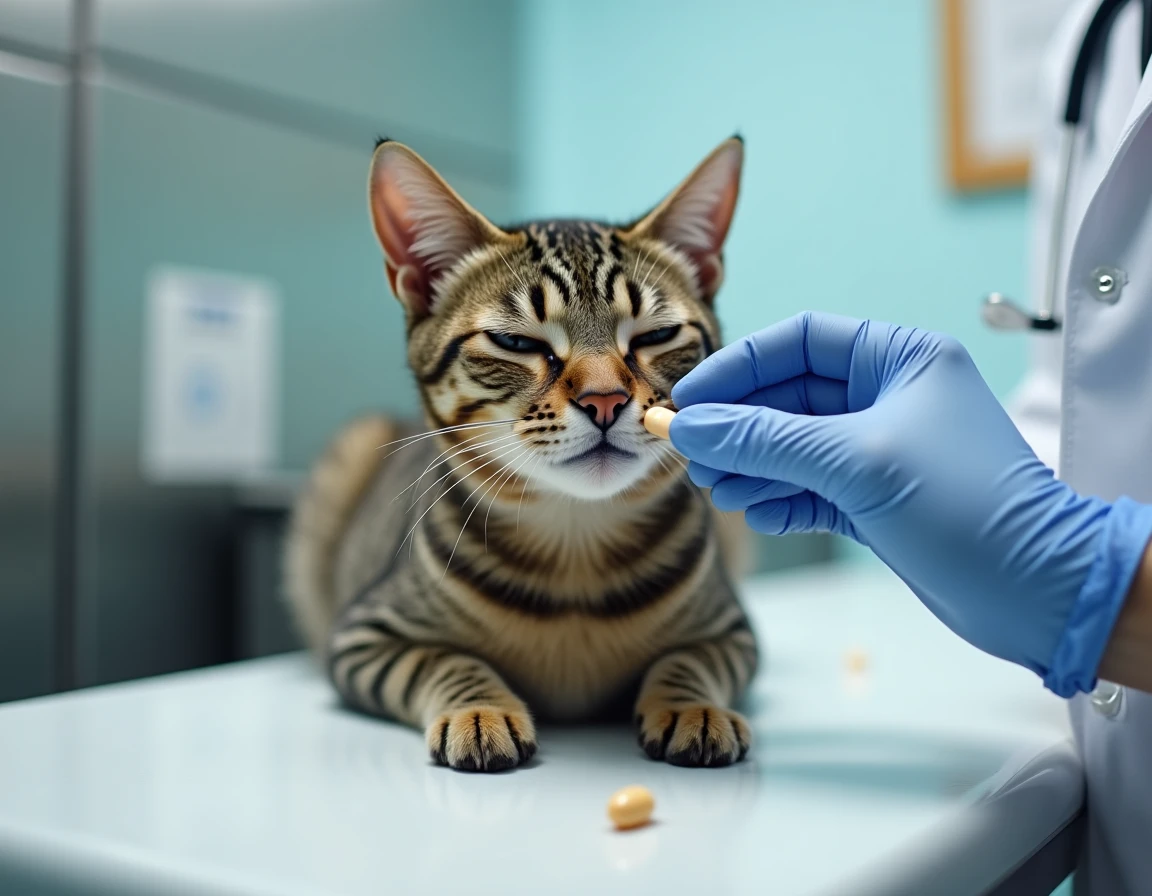 Vétérinaire administrant une pilule contraceptive à un chat tigré sur une table d'examen clinique