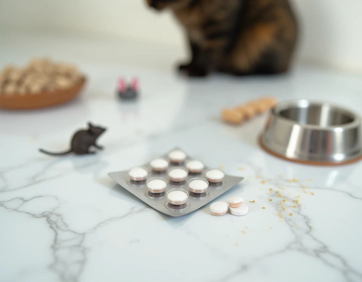 Gros plan sur une plaquette de pilules contraceptives vétérinaires pour chat sur marbre blanc