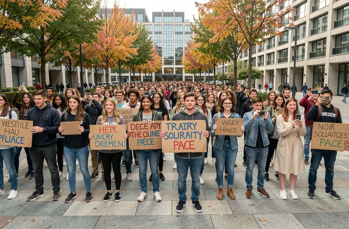 Rassemblement de jeunes militants tenant des pancartes de solidarité dans une place publique urbaine, représentant l'engagement citoyen autour des causes humanitaires médiatisées