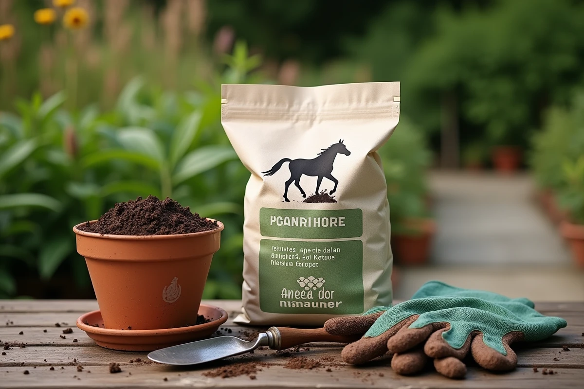 Sac de fumier de cheval Lidl posé sur une table de jardin avec des outils de jardinage