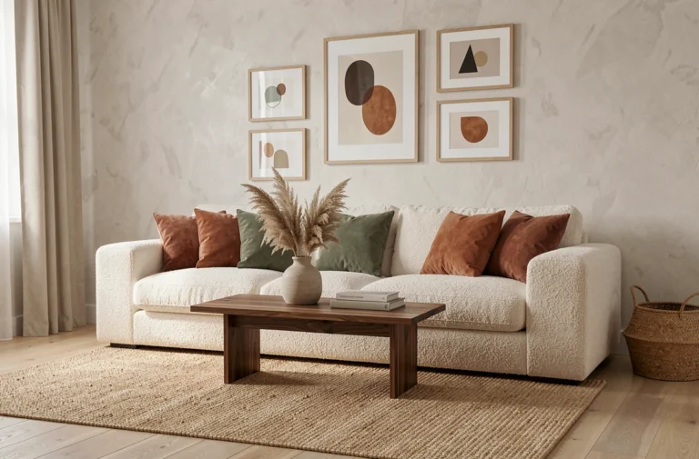 Salon scandinave moderne avec canapé bouclé crème, coussins terracotta et vert sauge, table basse en noyer et herbes de pampa séchées pour décoration tendance 2024