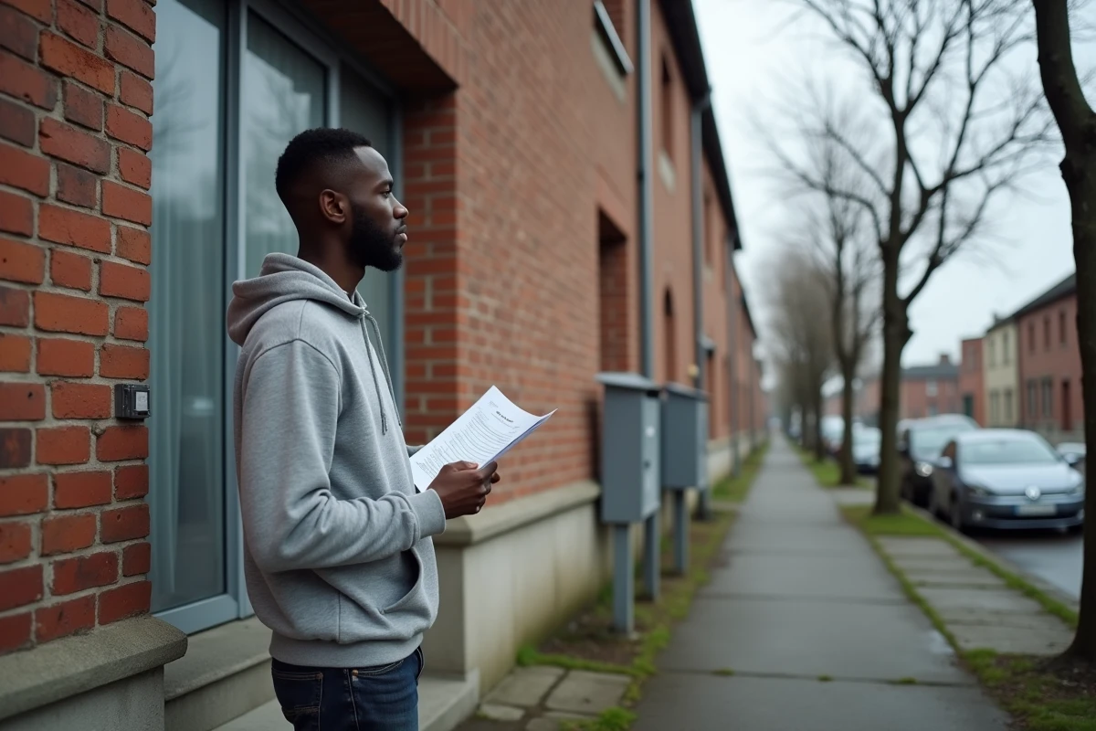 Jeune homme sans papiers devant un immeuble de logement social tenant un dossier de demande d'hébergement