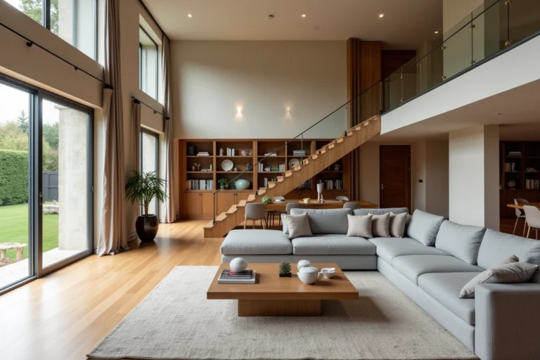 Grand séjour lumineux d'une maison de type 5 avec escalier, parquet en chêne et espace repas ouvert