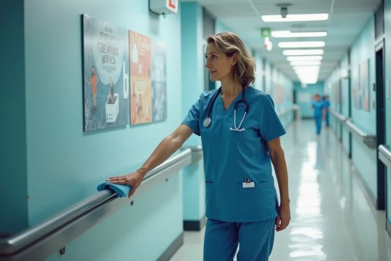 Infirmière en scrubs nettoyant la rampe dans un hôpital