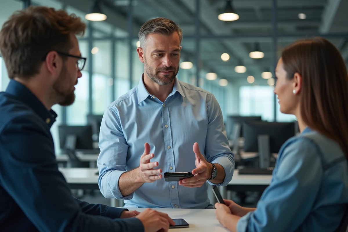 Technicien informatique montrant un appareil sans fil à des clients