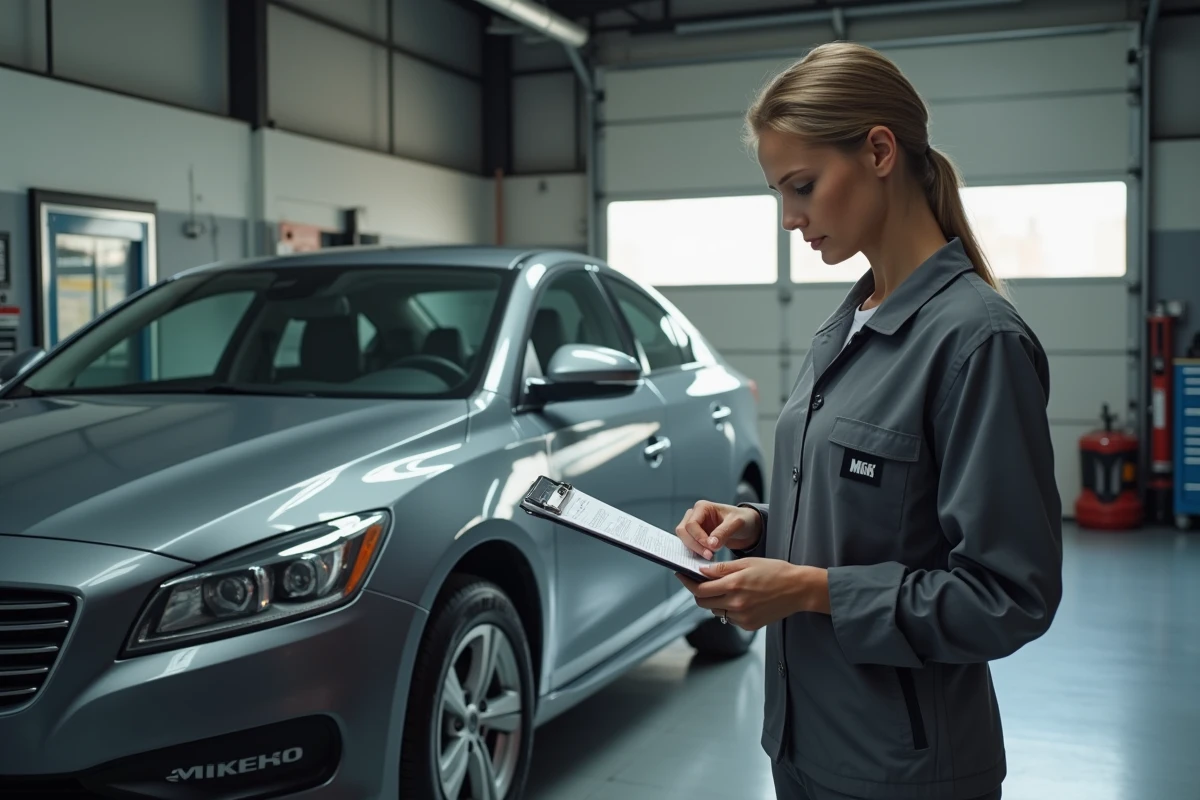Technicienne Midas vérifiant les documents de carte grise d'un véhicule dans un garage automobile professionnel
