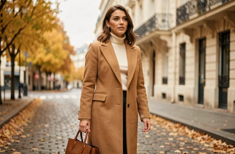 Femme élégante en manteau camel tendance automne-hiver marchant dans une rue parisienne pavée