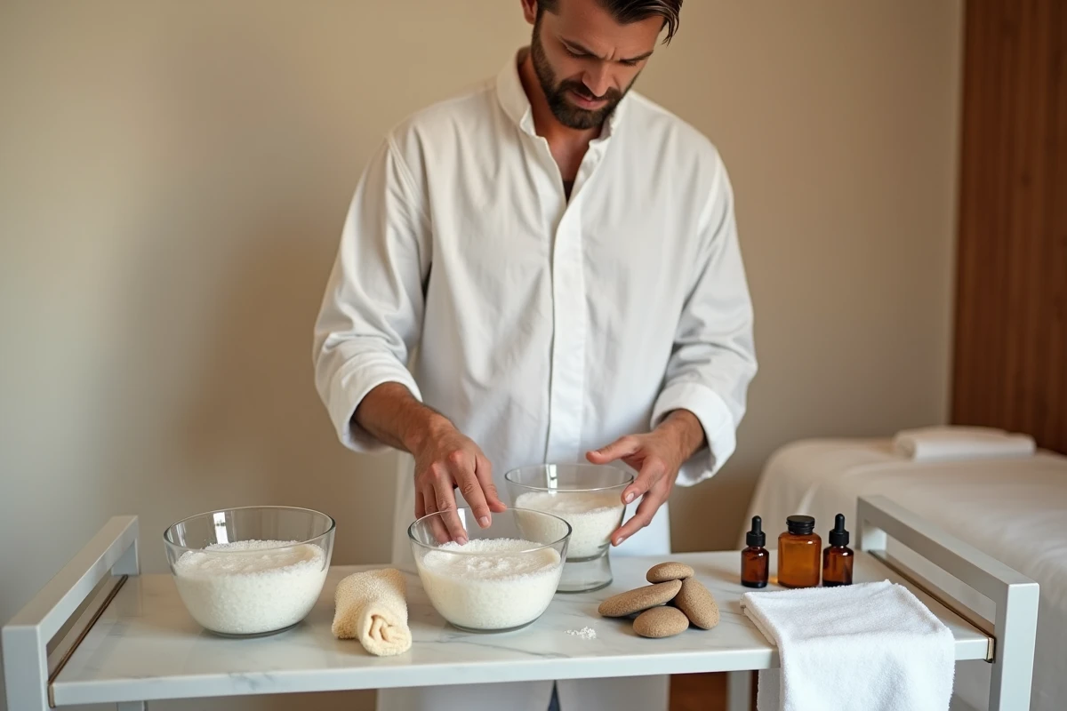 Thérapeute spa homme préparant les soins dans l'ordre sur un chariot en marbre avec gommage, serviettes et huiles essentielles