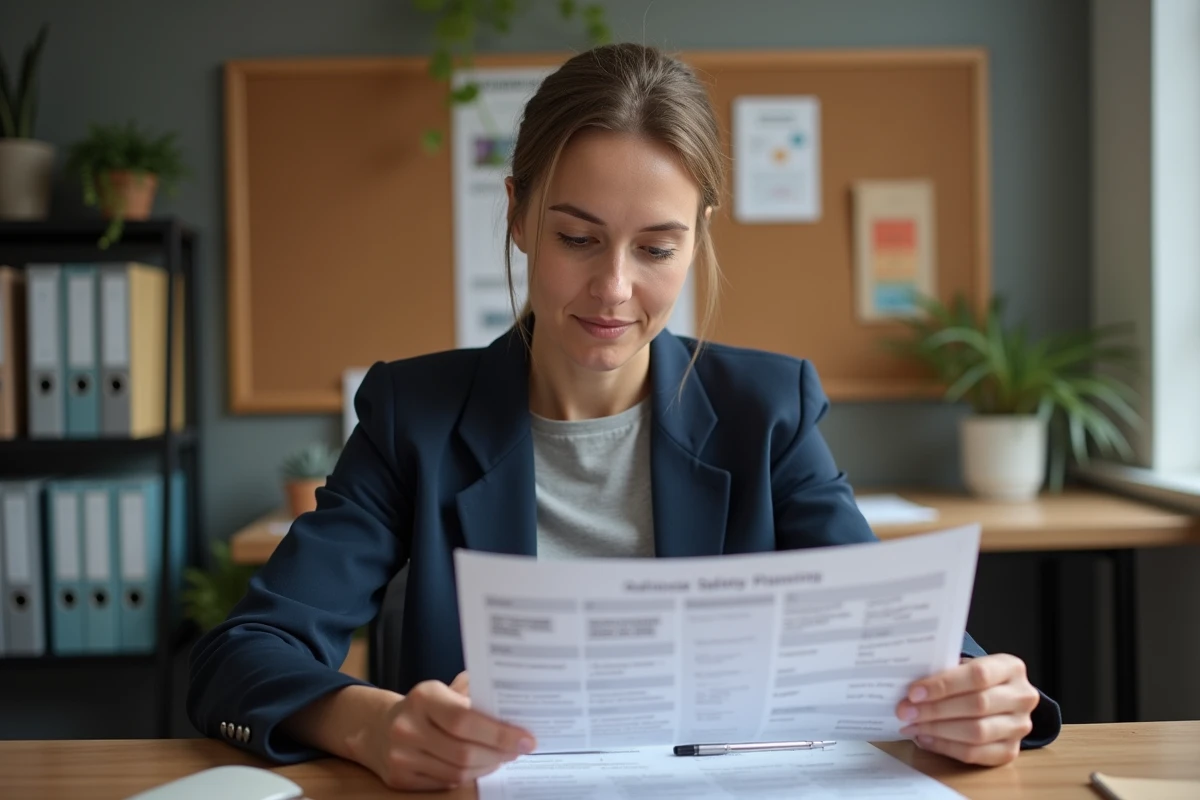 Travailleuse sociale examinant un plan de sécurité Blueprint For Safety dans un bureau associatif professionnel