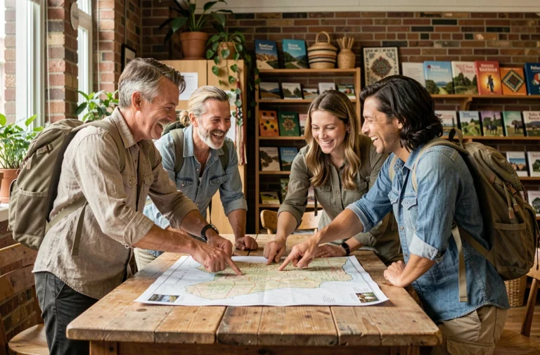 Groupe de voyageurs solidaires planifiant un itinéraire alternatif autour d'une carte dans un centre associatif