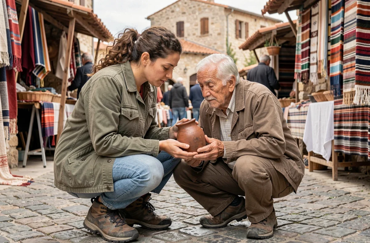 Voyageuse solidaire découvrant l'artisanat local auprès d'un artisan dans un marché de village méditerranéen
